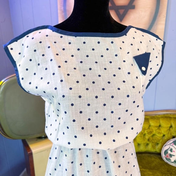 Vintage 80s The Dress Express Blue And White Polka Dot Rayon Blend Dress - Picture 2 of 9